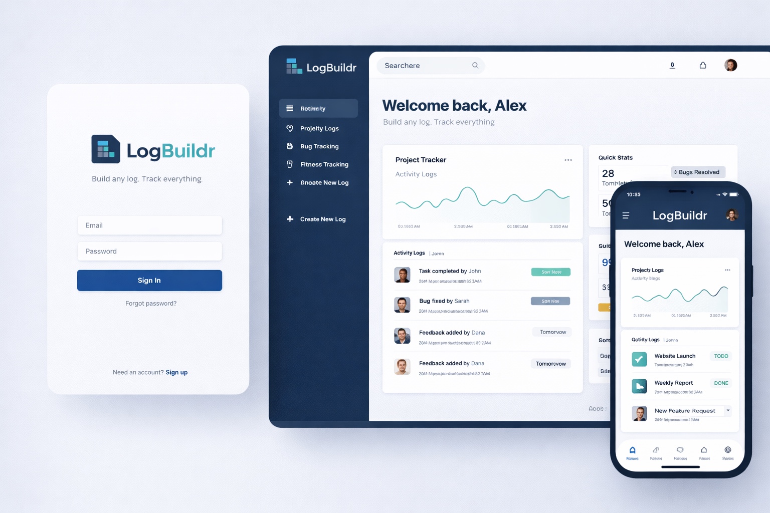 LogBuildr application preview on desktop and mobile screens